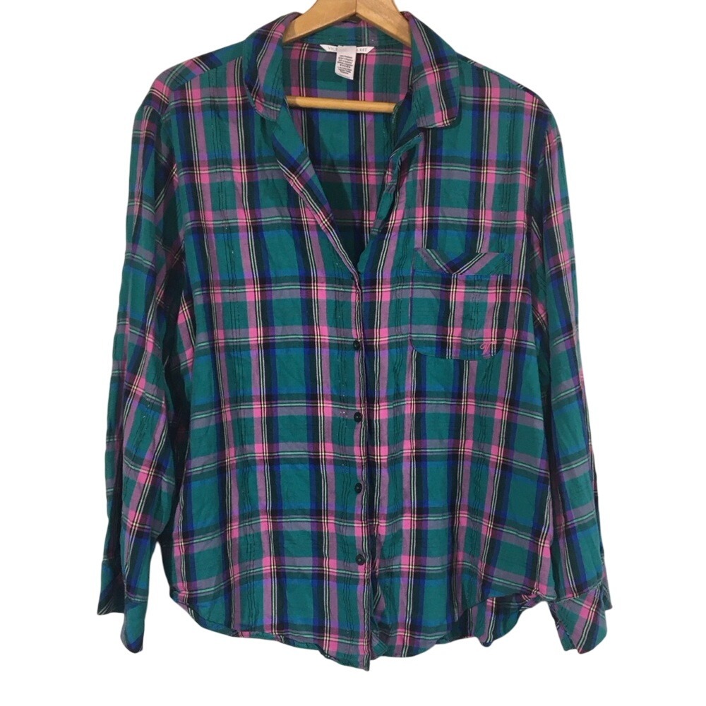 Victoria's Secret Green and Pink Shimmer Plaid PJ‎ Shirt